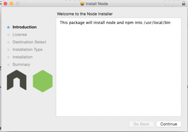 Install Node window showing 'This package will install node and npm into /usr/local/bin'.